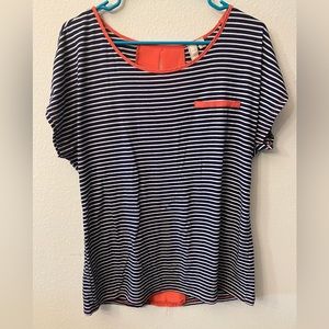 Robin-K blue and white stripe blouse with orange details. Size XL.
